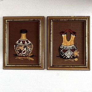 Vintage Sunset Designs Crewel Embroidery SW Native American Vase Wall Art Pair